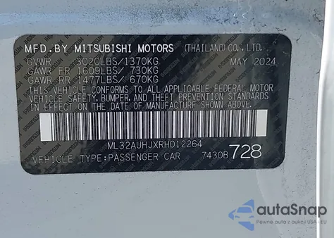 2024 Mitsubishi Mirage Es/Le из США, поврежденный, VIN ML32AUHJXRH012264